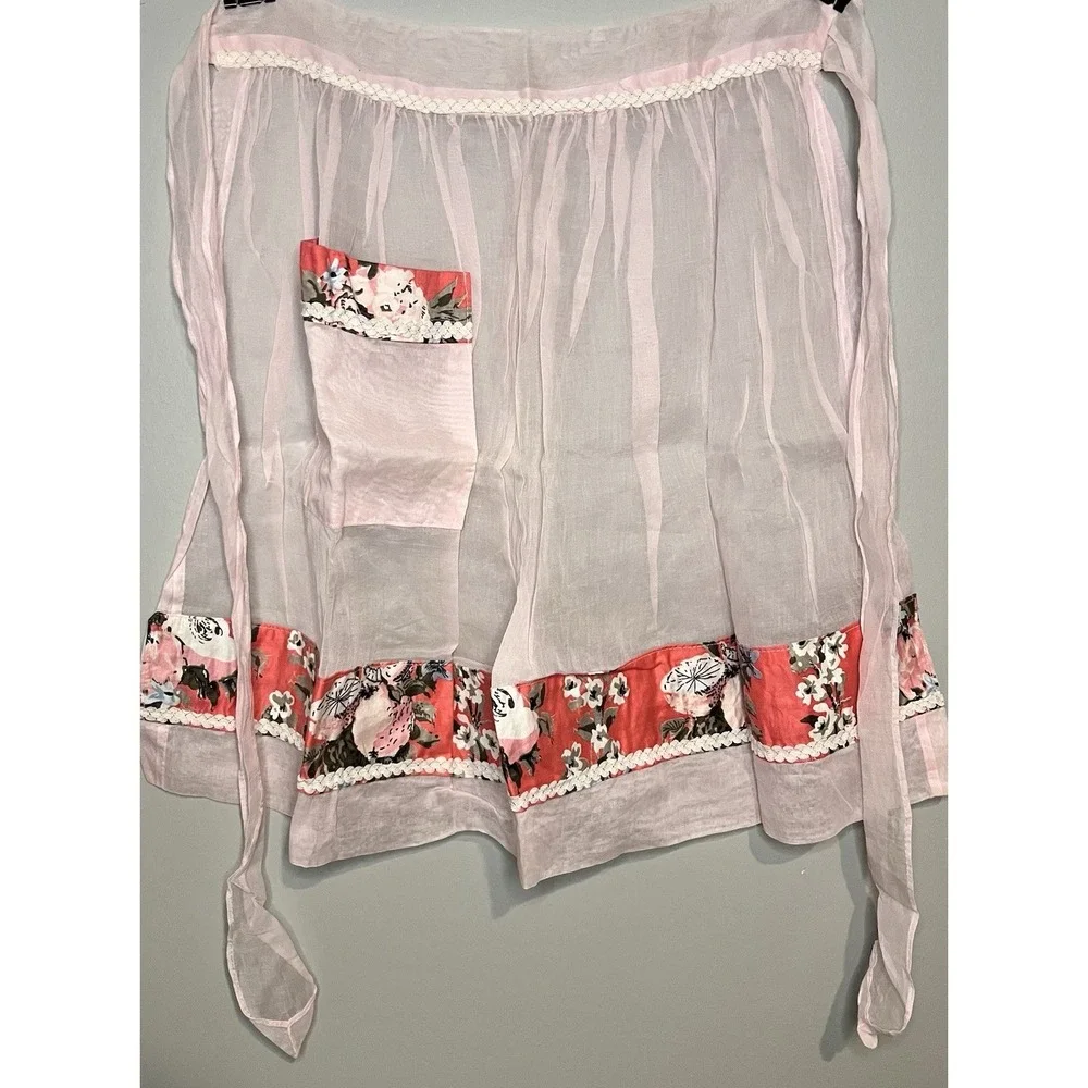 2 Pc Vintage Half Apron Hostess Semi-Sheer Pink Floral/Fruit Motiff And Gingham